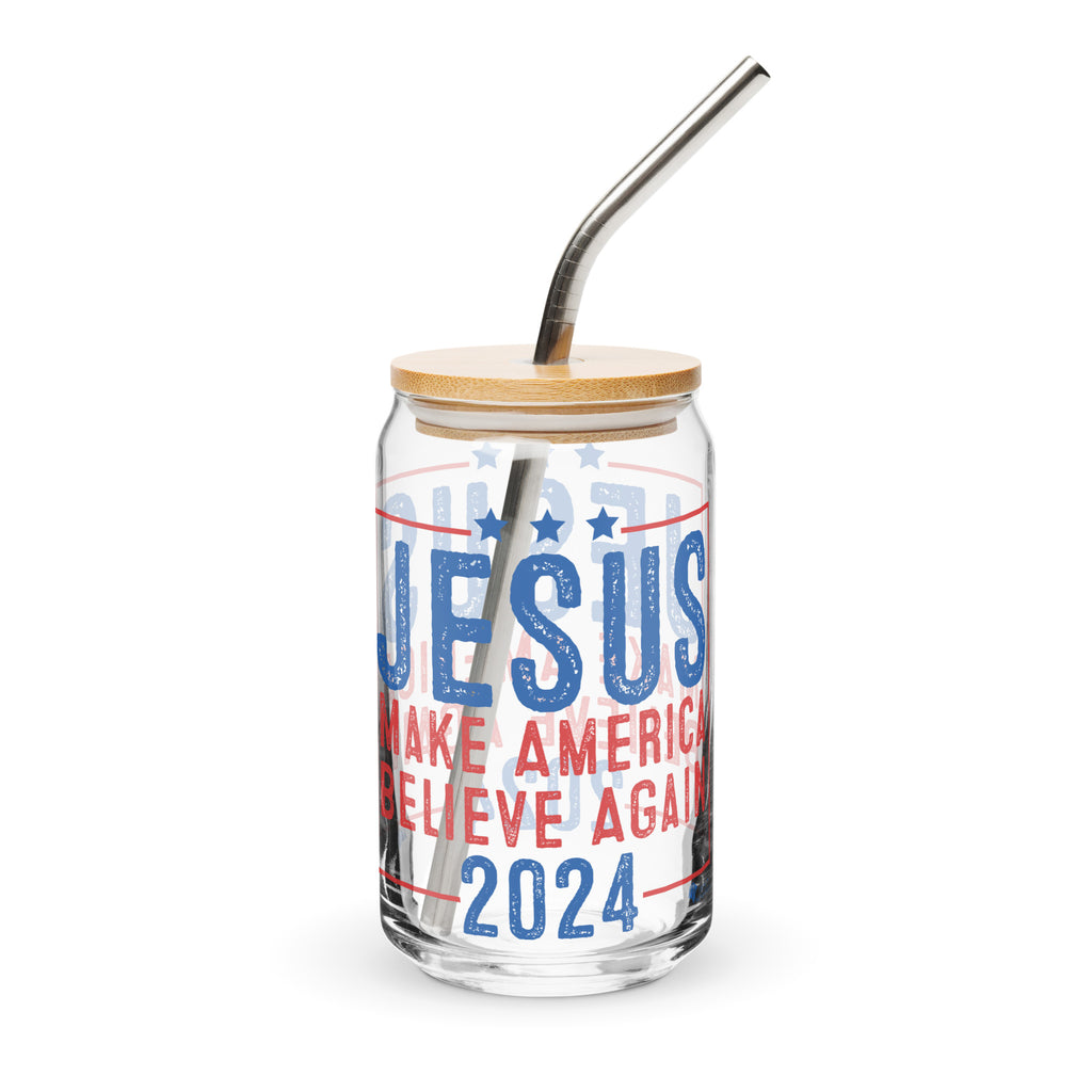 Jesus 2024 - Make America Believe Again glass can with bamboo lid and reusable straw, back side.