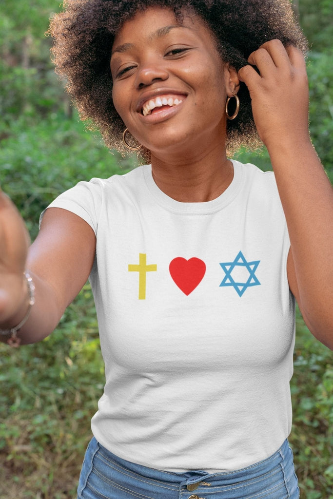 Cross, Heart, Star of David - Women’s T -  White / XS, White / S, White / M, White / L, White / XL, White / 2XL, White / 3XL, Black / XS, Black / S, Black / M -  Trini-T Ministries