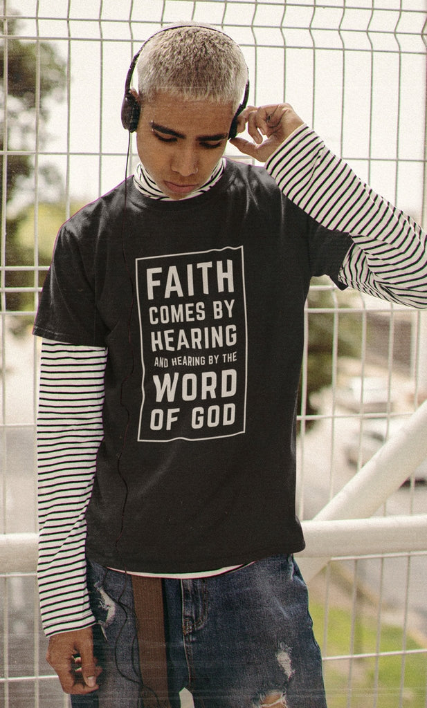 Faith Comes By Hearing - Men's T -  Black / S, Black / M, Black / L, Black / XL, Black / 2XL, Black / 3XL, Navy / S, Navy / M, Navy / L, Navy / XL -  Trini-T Ministries