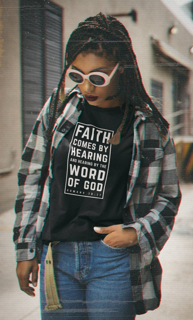 Faith Comes By Hearing - Women's T -  Black / S, Black / M, Black / L, Black / XL, Black / 2XL, Black / 3XL, Navy / S, Navy / M, Navy / L, Navy / XL -  Trini-T Ministries