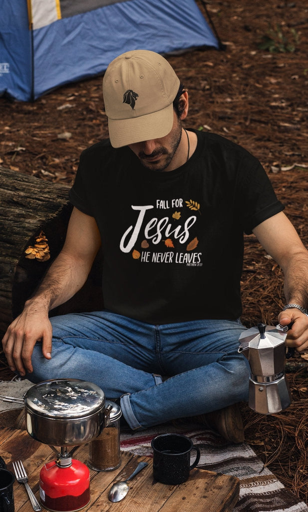 Fall For Jesus - Men's T -  Black Heather / XS, Black Heather / S, Black Heather / M, Black Heather / L, Black Heather / XL, Black Heather / 2XL, Black Heather / 3XL, Black Heather / 4XL, Red / S, Red / M -  Trini-T Ministries