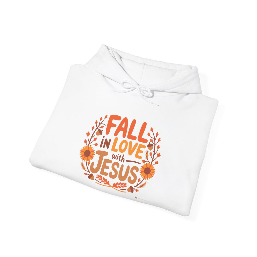 White Gildan 18500 'Fall in Love with Jesus' Hoodie folded, Christian hoodie for fall.