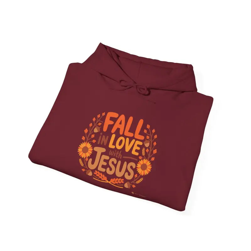 Garnet Gildan 18500 'Fall in Love with Jesus' Hoodie folded, Christian fall hoodie.