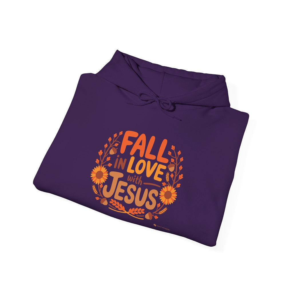 Purple Gildan 18500 'Fall in Love with Jesus' Hoodie folded, autumn Christian hoodie.