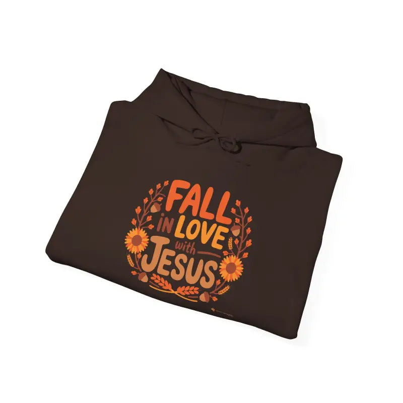 Brown Gildan 18500 'Fall in Love with Jesus' Hoodie folded, cozy Christian autumn hoodie.