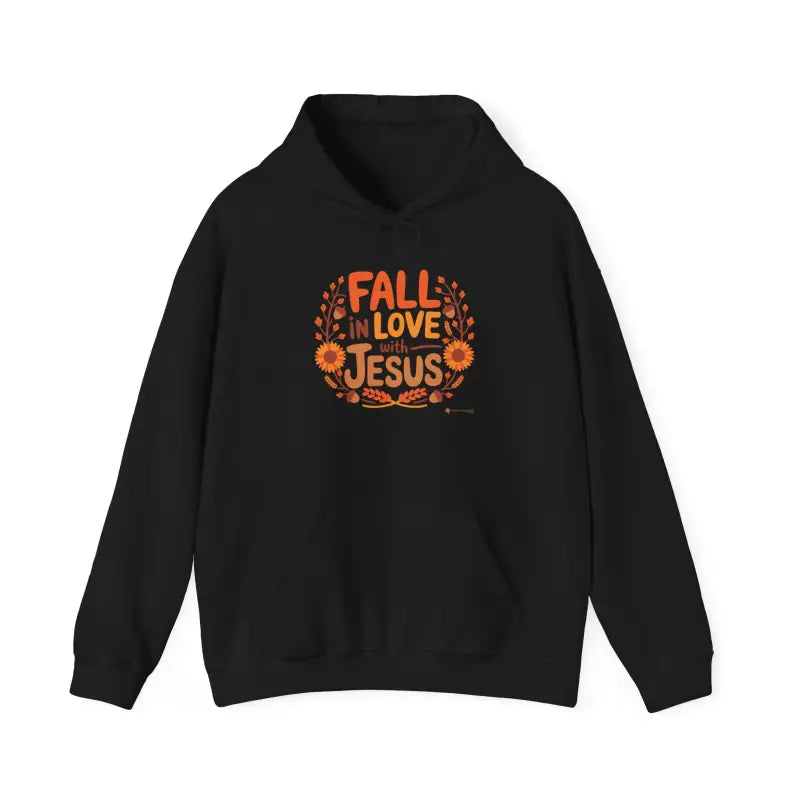 Black Gildan 18500 'Fall in Love with Jesus' Hoodie flat lay, autumn Christian hoodie.