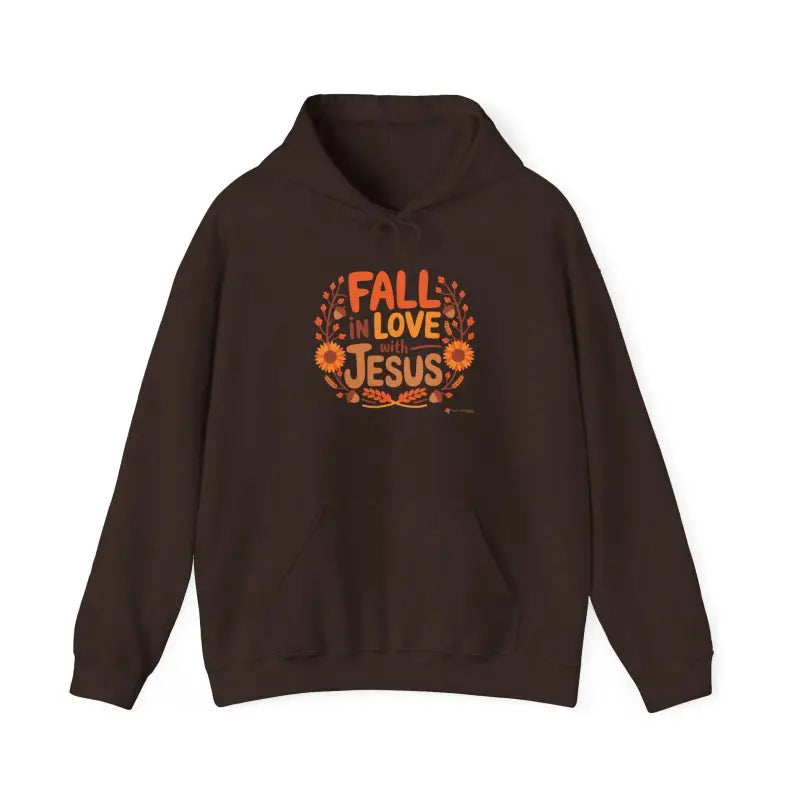 Dark Chocolate Brown Gildan 18500 'Fall in Love with Jesus' Hoodie flat lay, Christian autumn-themed hoodie.