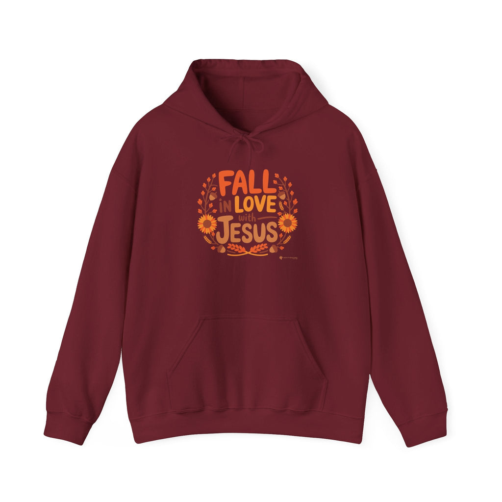 Garnet Gildan 18500 'Fall in Love with Jesus' Hoodie flat lay, warm Christian faith hoodie for fall.