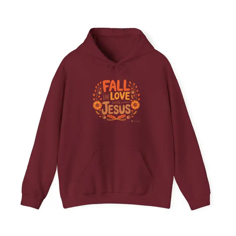 Garnet Gildan 18500 'Fall in Love with Jesus' Hoodie flat lay, warm Christian faith hoodie for fall.