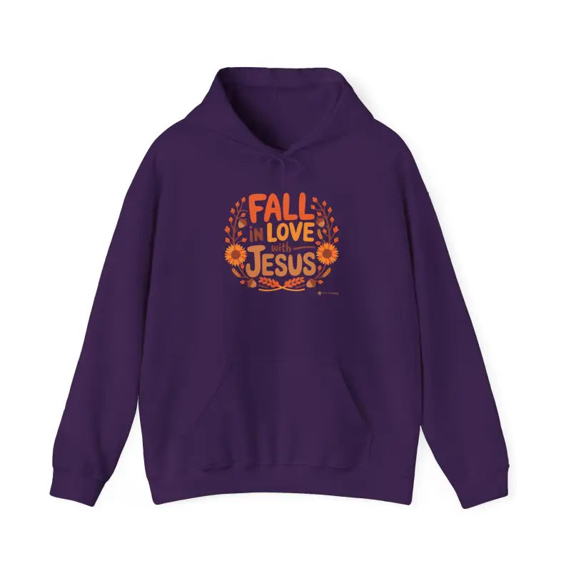 Purple Gildan 18500 'Fall in Love with Jesus' Hoodie flat lay, Christian fall collection.