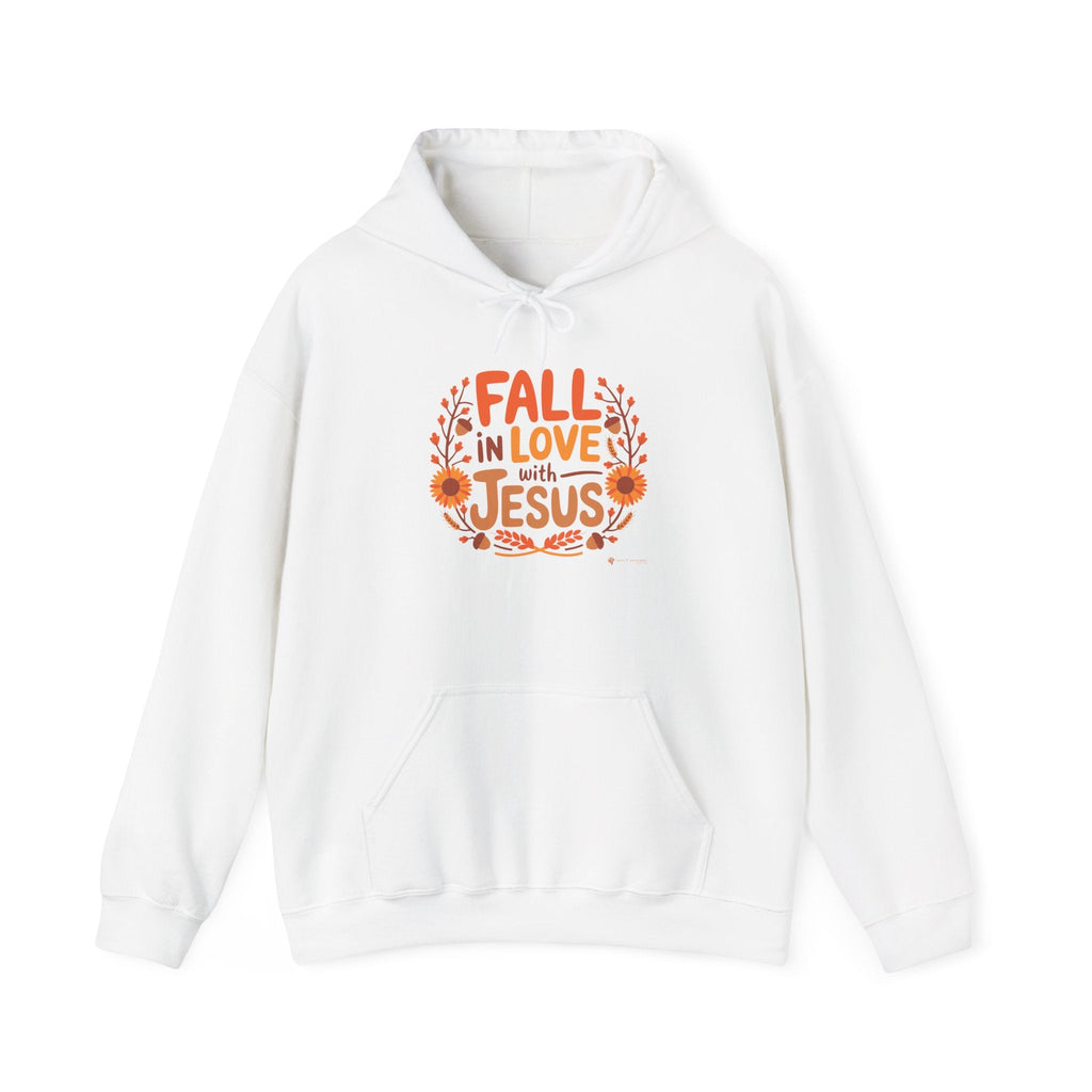 White Gildan 18500 'Fall in Love with Jesus' Hoodie flat lay, cozy Christian apparel for fall.