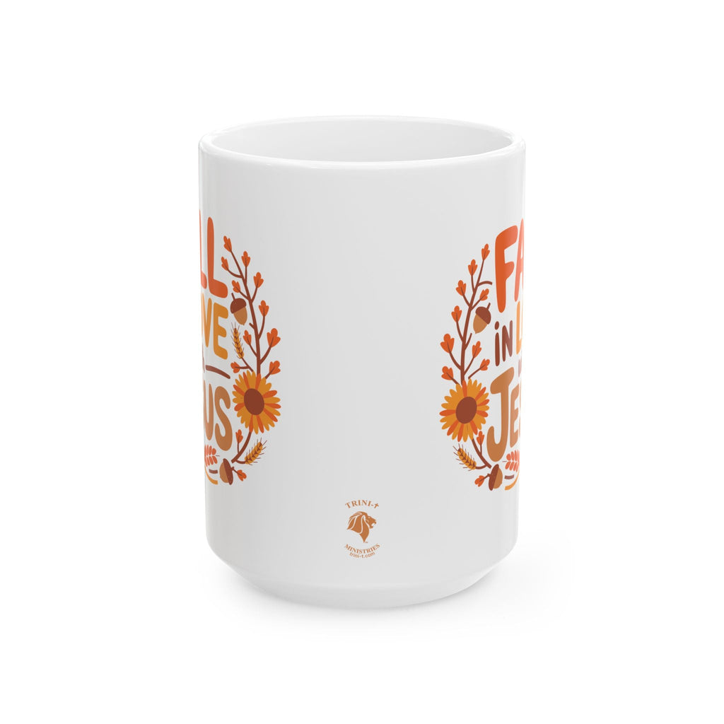 15oz Back view of Fall in Love with Jesus Mug featuring fall leaf pattern, perfect Christian gift for autumn.