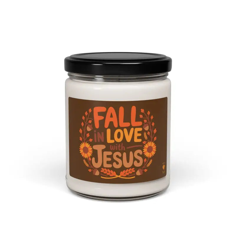 Fall in Love with Jesus soy candle with lid on, autumn-themed Christian candle, available in Apple Harvest scent or scentless.