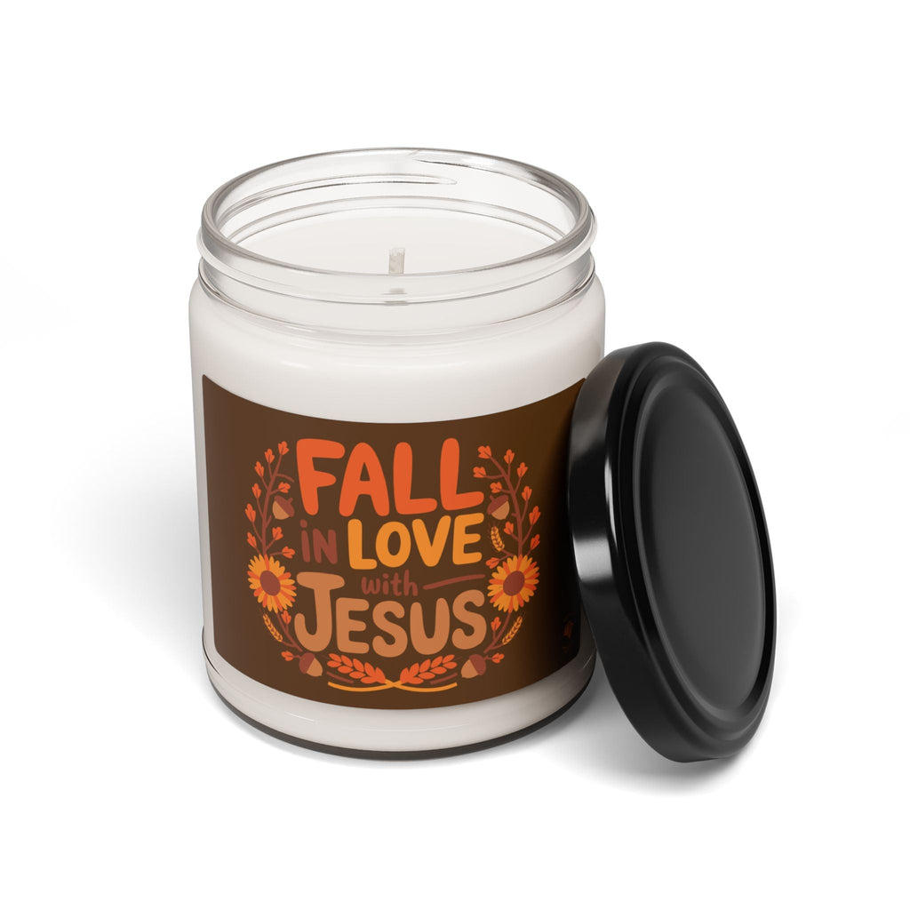 Open Fall in Love with Jesus soy candle with lid off, autumn-themed Christian candle, available in Apple Harvest scent or scentless.