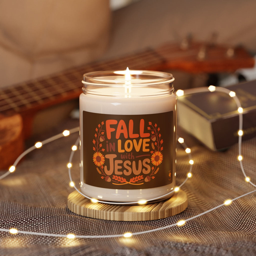 Fall in Love with Jesus soy candle with warm light, string lights, Christian autumn decoration.