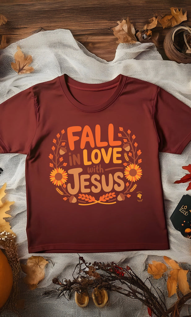 Fall in Love with Jesus T-shirt with fall foliage on a wooden table, perfect Christian autumn apparel for sharing faith this season.