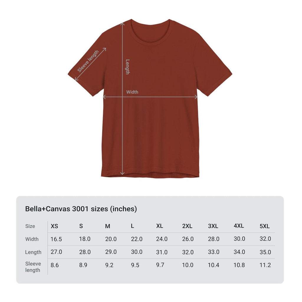 Bella+Canvas 3001 sizing chart with Rust color flat lay shirt, size guide for Christian T-shirts.