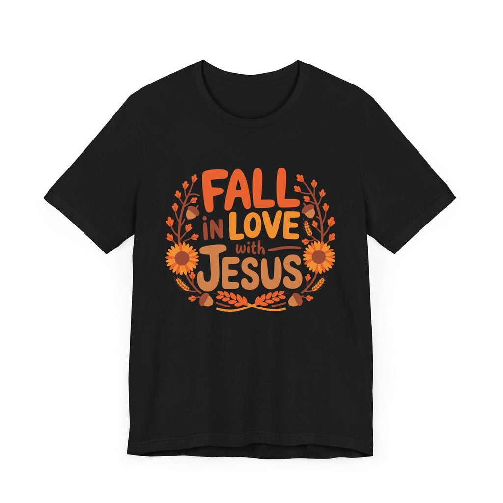 Black Fall in Love with Jesus T-shirt flat lay, Christian fall apparel, Bella+Canvas 3001.