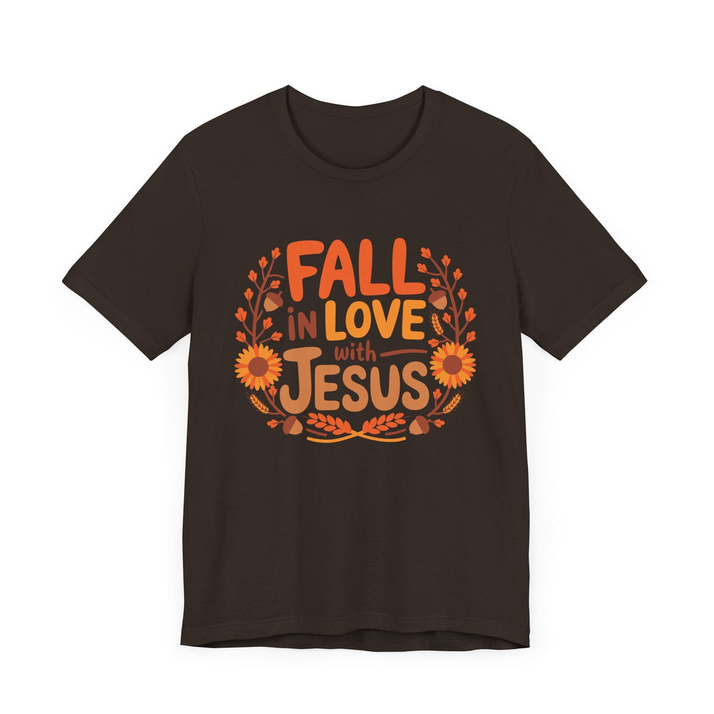 Brown Fall in Love with Jesus T-shirt flat lay, Christian autumn-themed shirt, Bella+Canvas 3001.