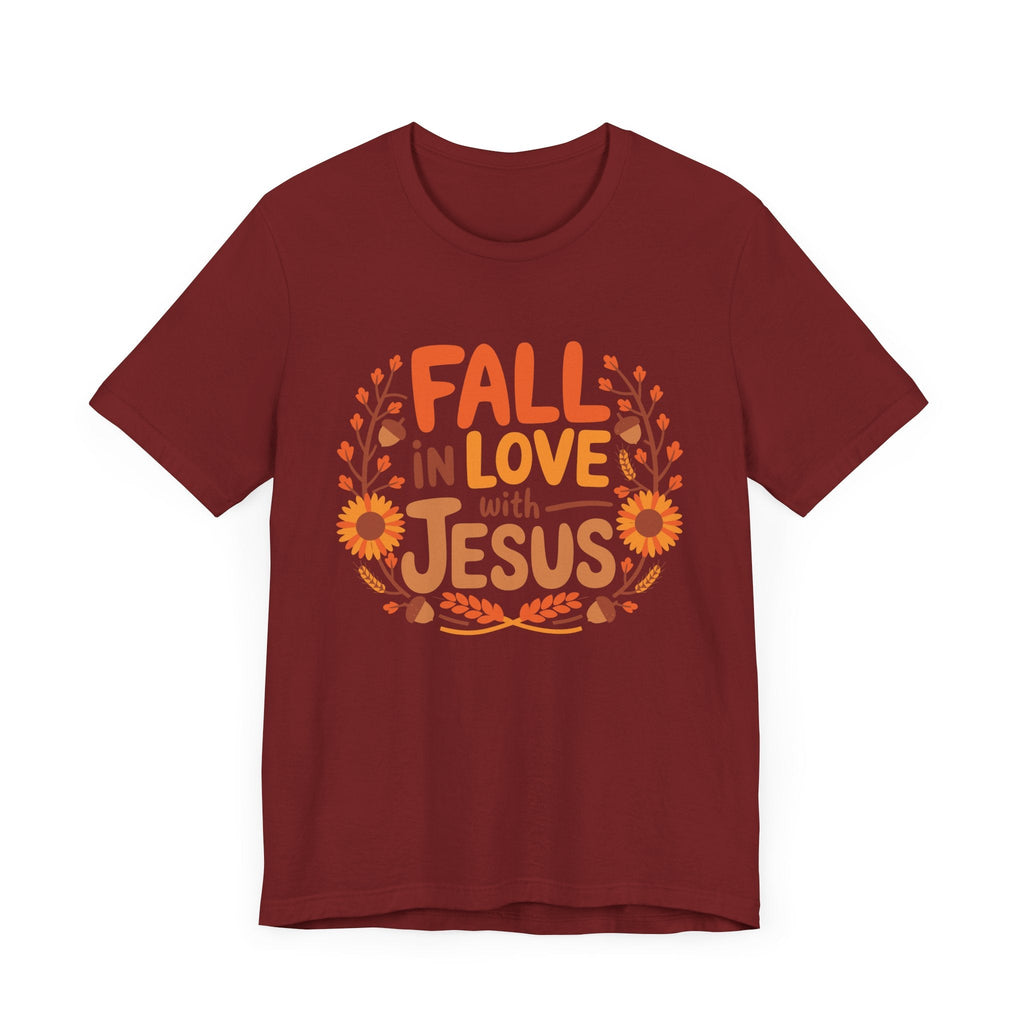 Cardinal Fall in Love with Jesus T-shirt flat lay, autumn Christian T-shirt, Bella+Canvas 3001.