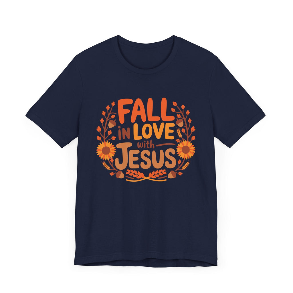 Navy Blue Fall in Love with Jesus T-shirt flat lay, Christian apparel for fall, Bella+Canvas 3001.