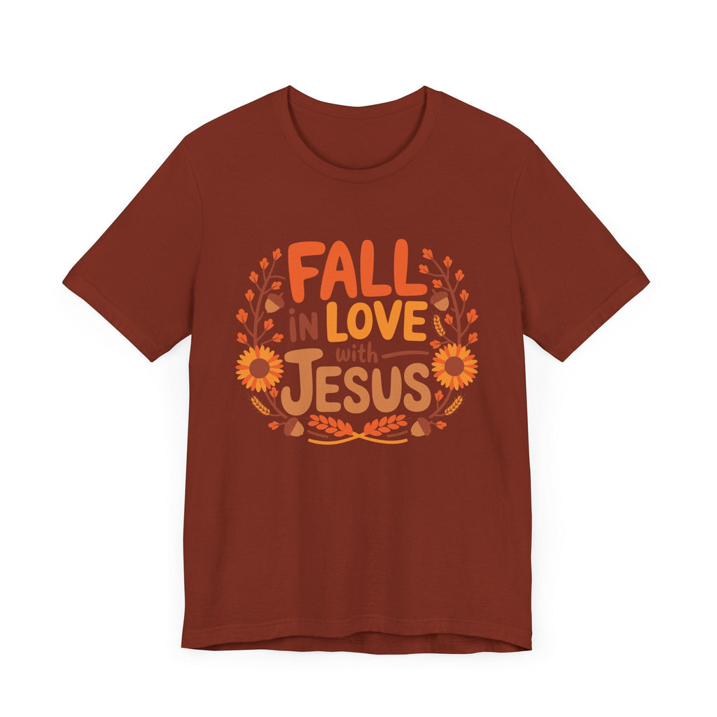 Rust Fall in Love with Jesus T-shirt flat lay, Christian autumn collection, Bella+Canvas 3001.