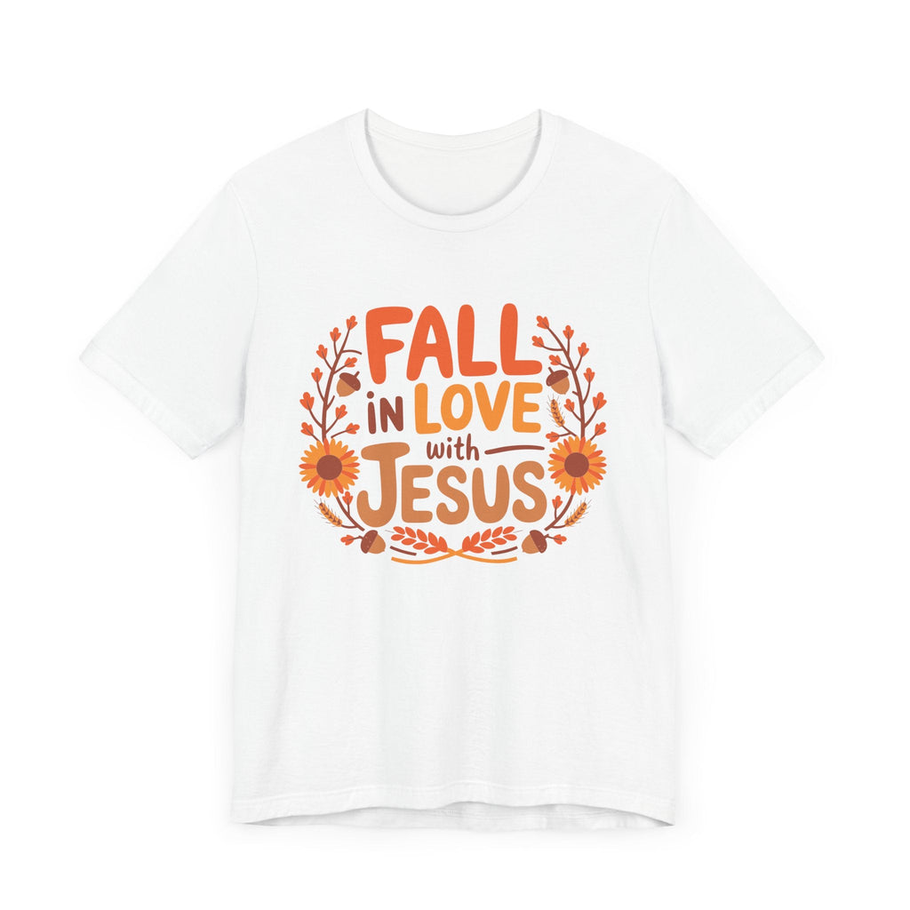 White Fall in Love with Jesus T-shirt flat lay, Christian autumn-themed shirt, Bella+Canvas 3001.