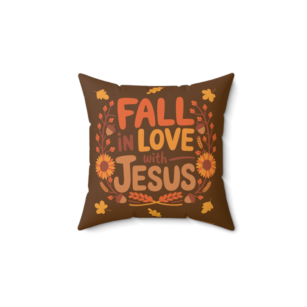 Front view of Fall in Love with Jesus throw pillow, Christian fall decor accent, size 14x14 inches.