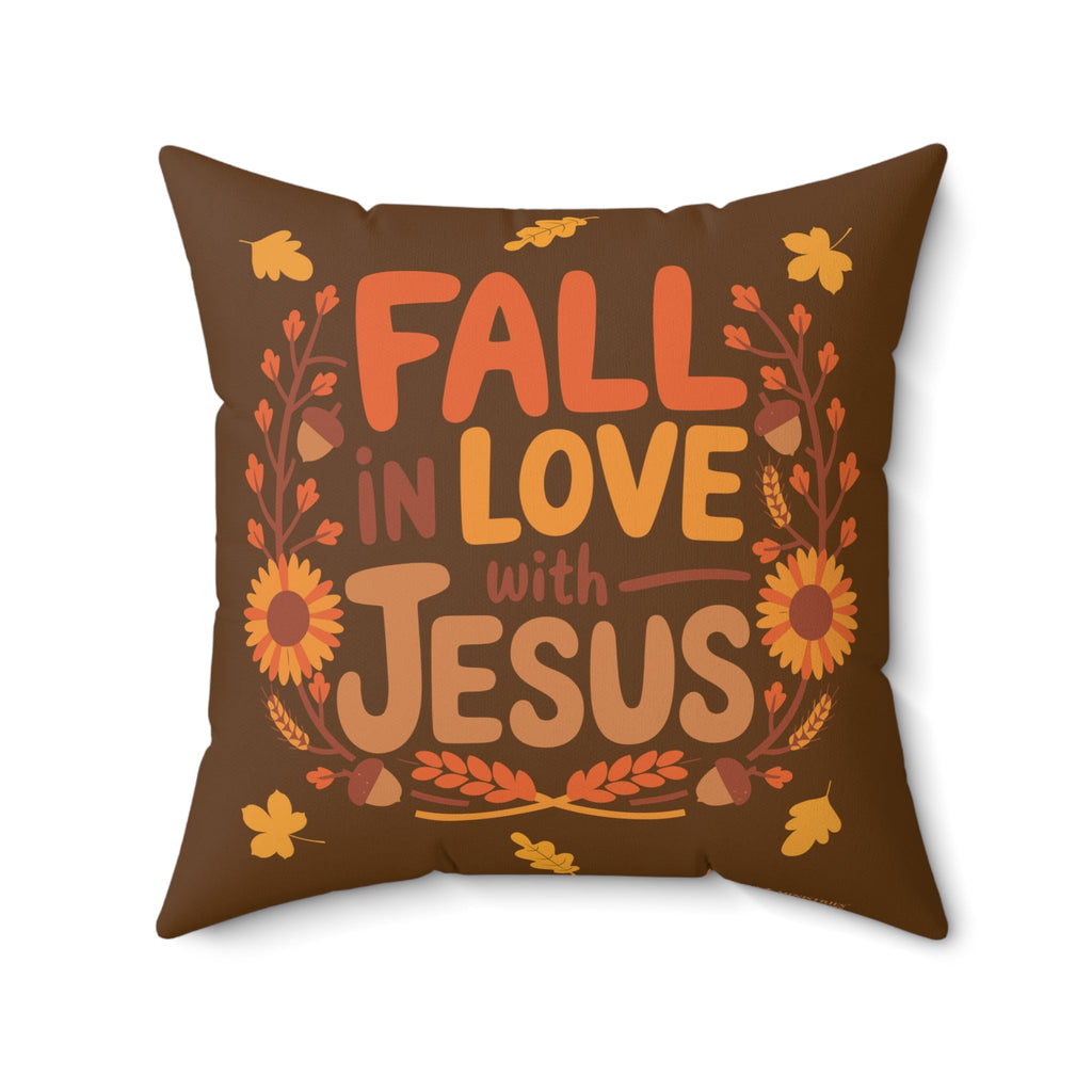 Front view of Fall in Love with Jesus throw pillow, Christian fall-themed pillow for home decor, size 20x20 inches.