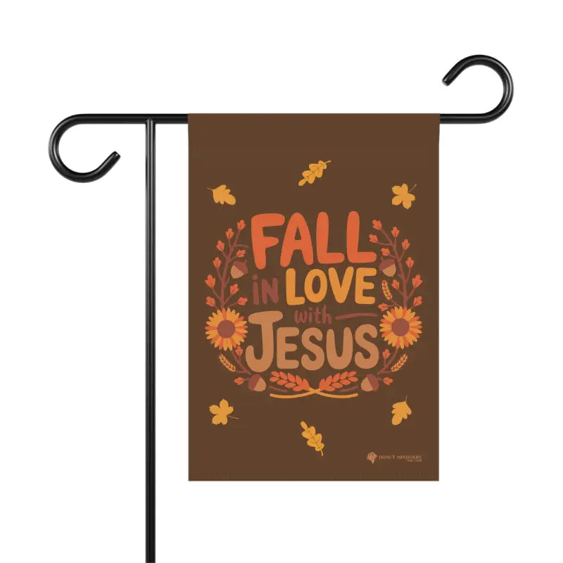 Front view of Fall in Love with Jesus garden flag on a stake, Christian autumn garden flag, 12x18 inches, double-sided.