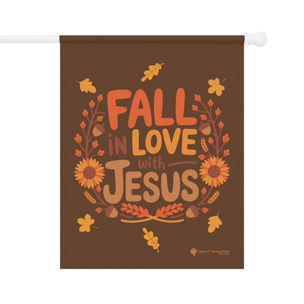 Flat front view of Fall in Love with Jesus house flag, Christian fall home decor, 24.5x32 inches, double-sided.