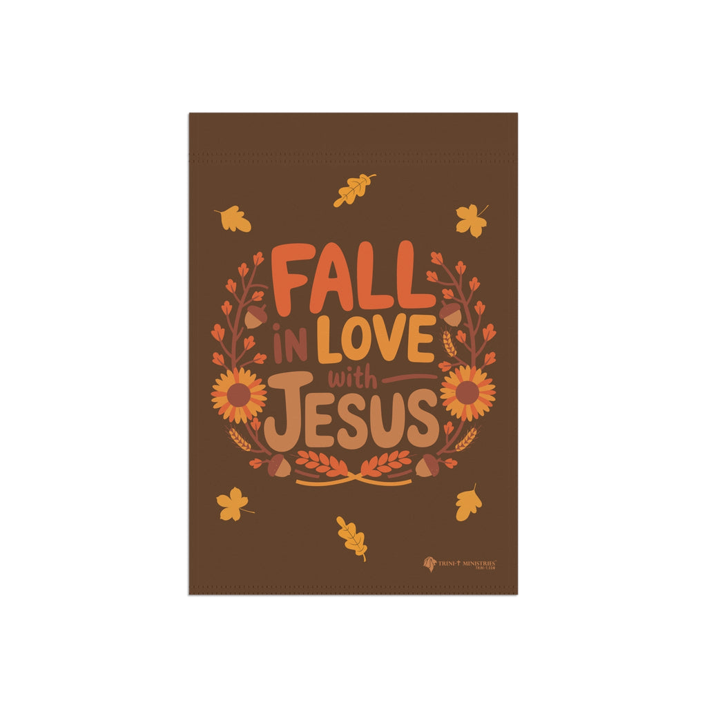 Flat front view of Fall in Love with Jesus garden flag, Christian autumn flag, 12x18 inches, double-sided.