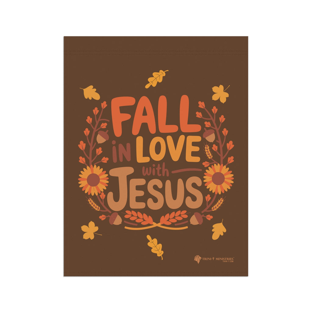 Flat front view of Fall in Love with Jesus house flag, Christian fall home decor, 24.5x32 inches, double-sided.