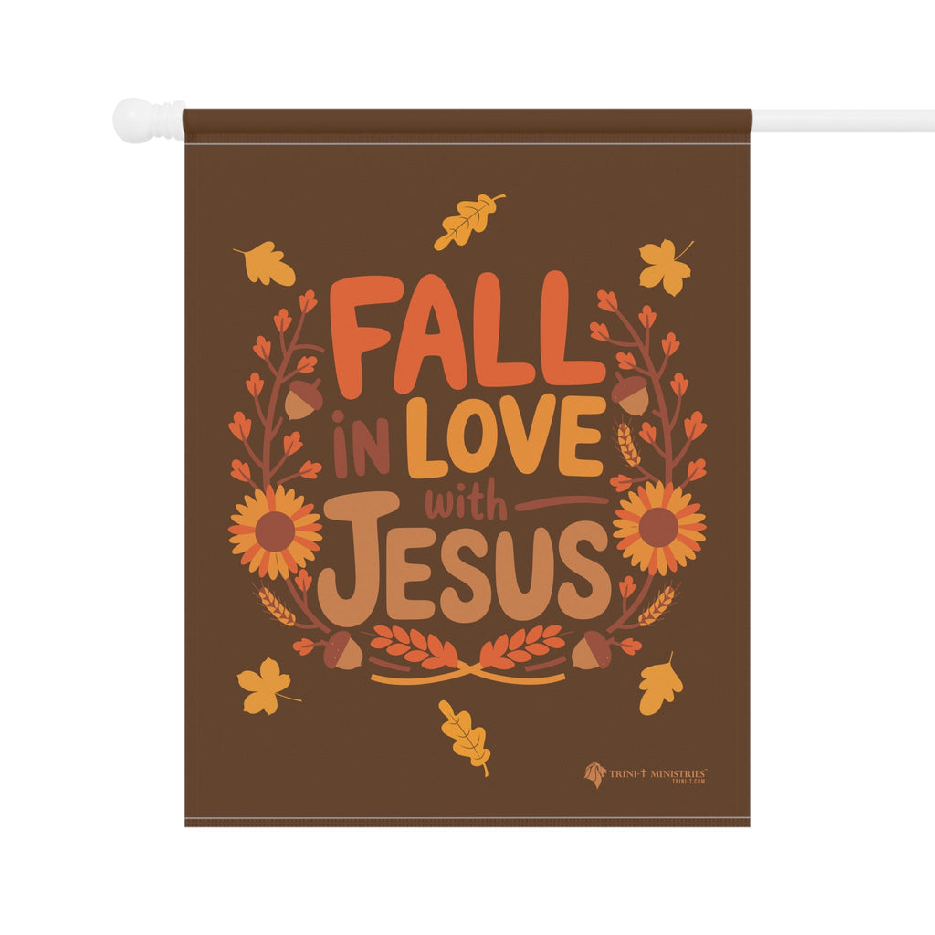 Second Flat front view of Fall in Love with Jesus house flag, Christian fall home decor, 24.5x32 inches, double-sided.