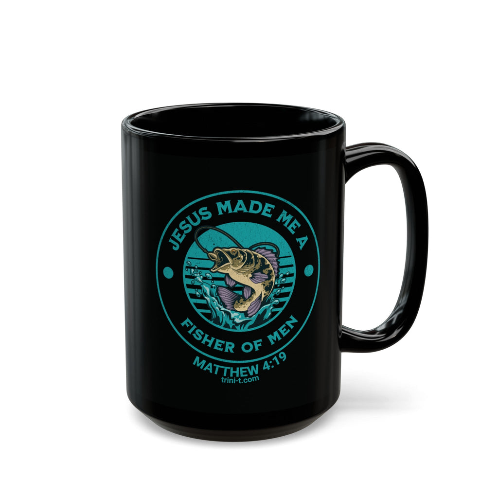 Trini-T Ministries Fisher of Men - Matthew 4:19 Design on Black Mug 15oz Front