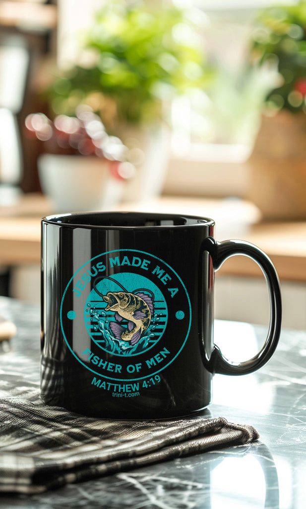 Trini-T Ministries Fisher of Men - Matthew 4:19 Design on Black Mug 11oz