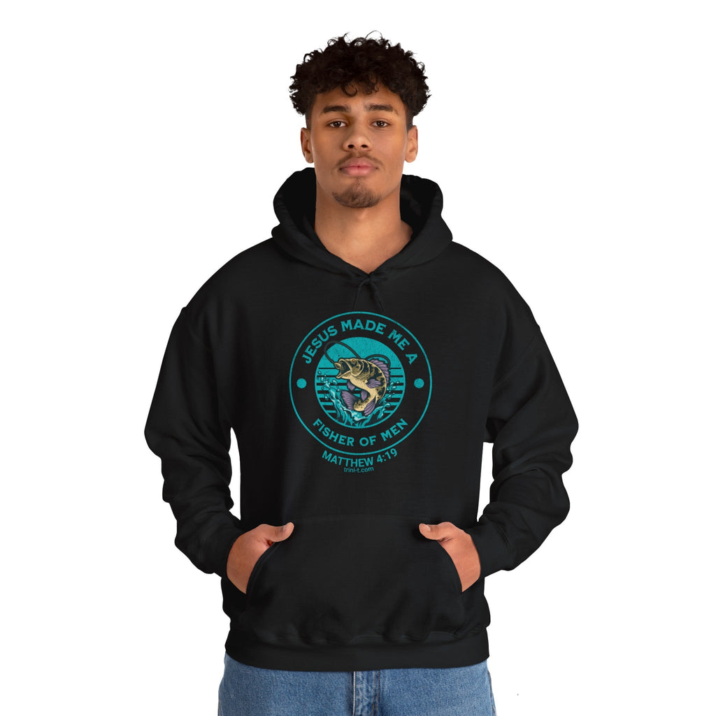 Young man wearing Fisher of Men - Matthew 4:19 Hoodie - Trini-T Ministries - Black