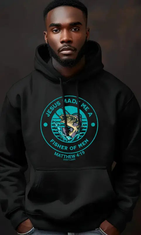 Man wearing Fisher of Men - Matthew 4:19 Hoodie - Trini-T Ministries - Black