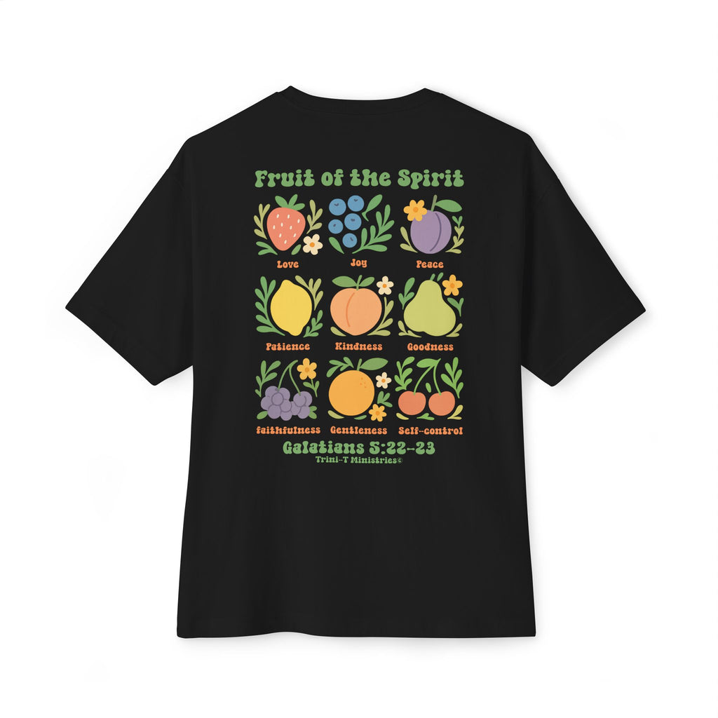 Flat lay of black oversized Christian t-shirt with colorful Fruit of the Spirit back print, Galatians 5:22–23.