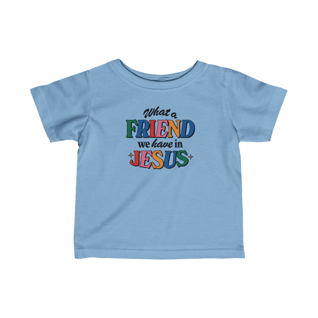 Light Blue flat lay Friend in Jesus Baby's T-shirt from Trini-T Ministries.