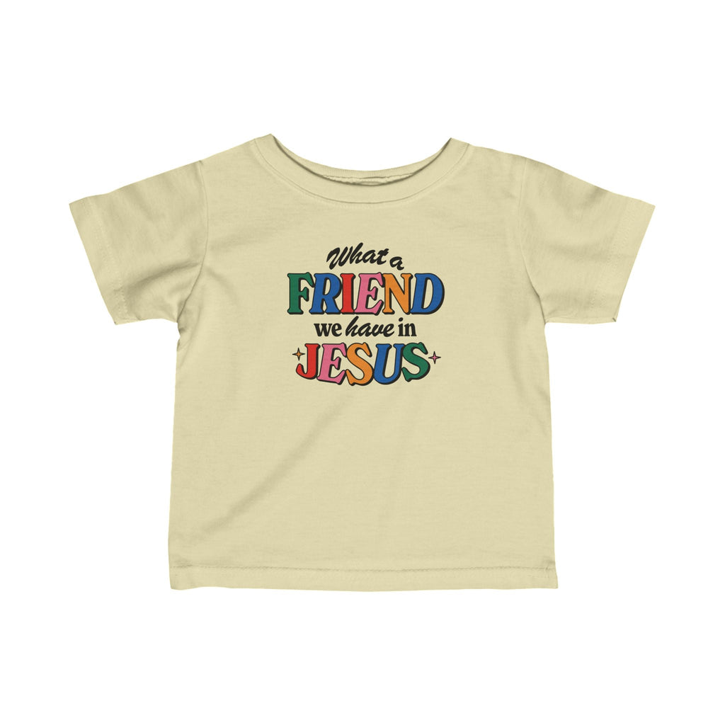 Natural colored flat lay Friend in Jesus Baby's T-shirt from Trini-T Ministries.