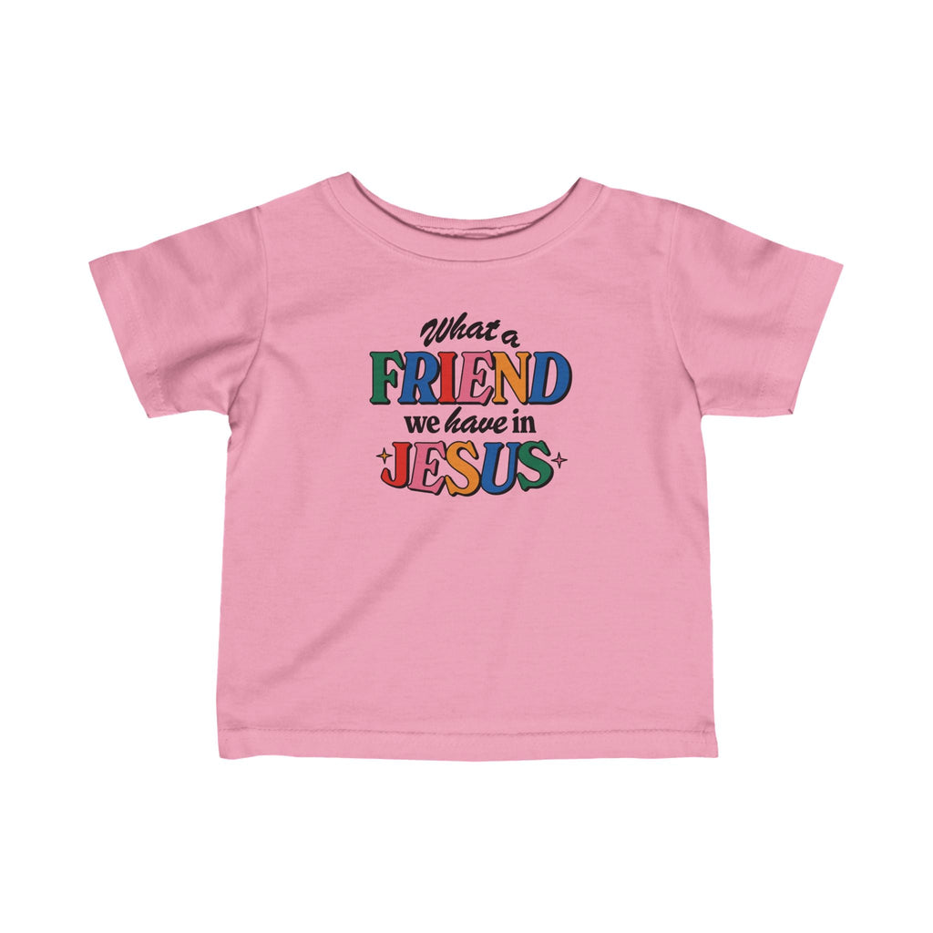 Pink flat lay Friend in Jesus Baby's T-shirt from Trini-T Ministries.