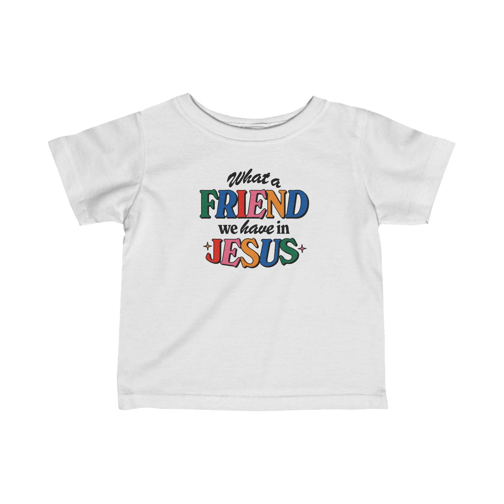 White flat lay Friend in Jesus Baby's T-shirt from Trini-T Ministries.