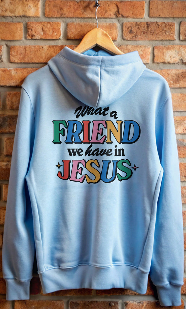 Light blue hoodie with colorful religious text, perfect Christian gift for the greatest friend