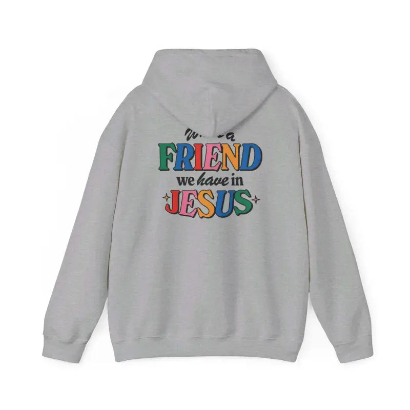 Gray hoodie with colorful religious text, perfect Christian gift for your greatest friend