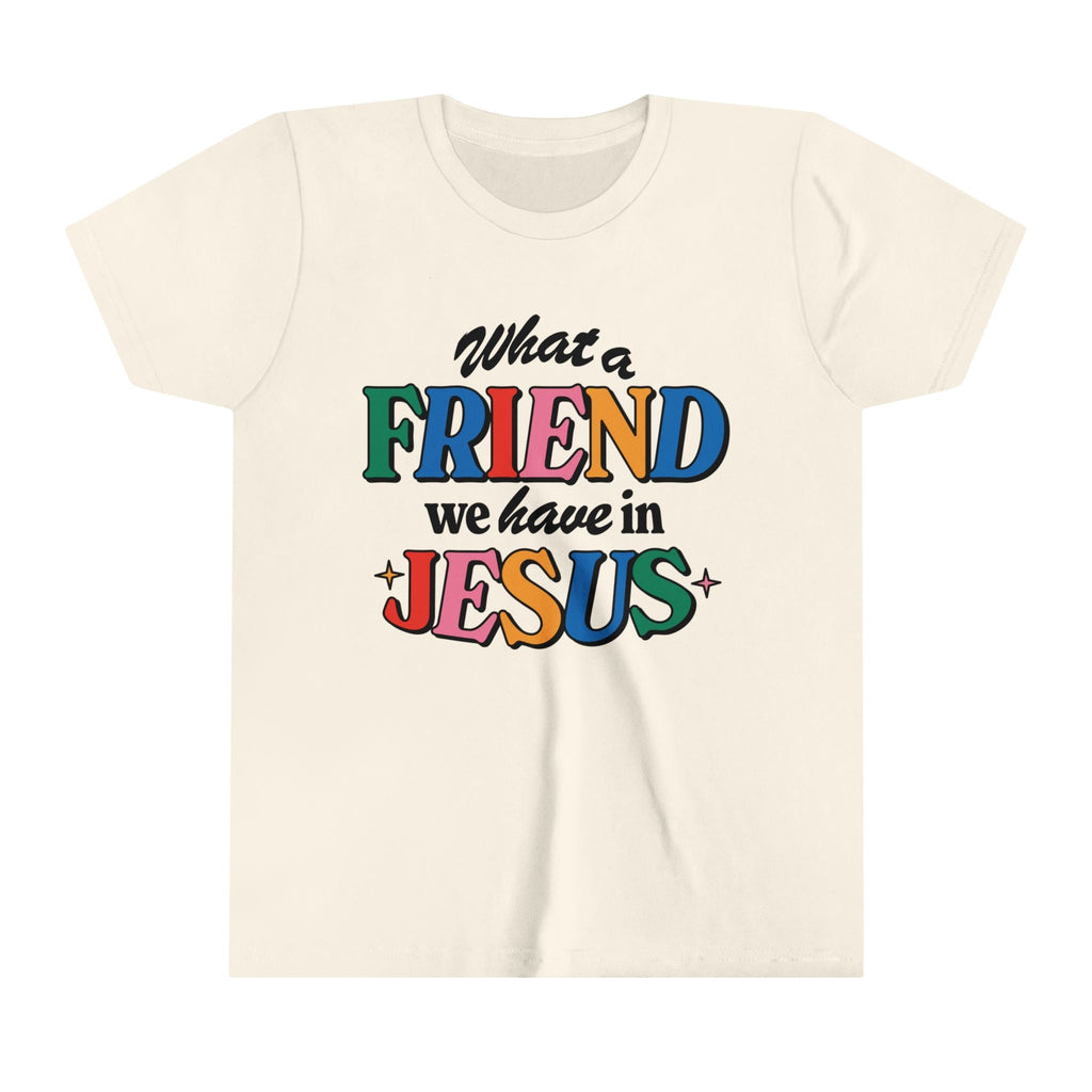 White kids’ t-shirt with colorful text saying What a FRIEND we have in JESUS, perfect Christian gift