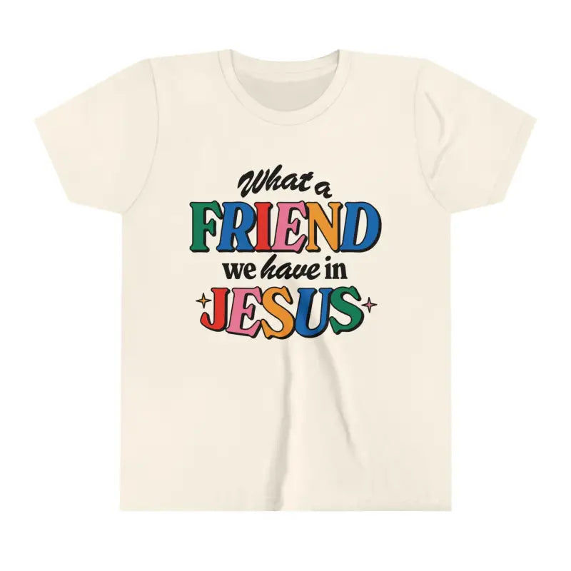 White kids’ t-shirt with colorful text saying What a FRIEND we have in JESUS, perfect Christian gift