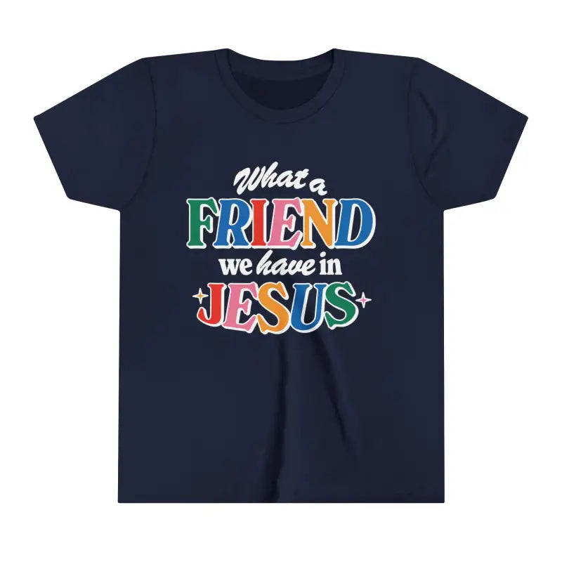 Navy blue kids’ t-shirt with colorful Jesus text, perfect for active kids and Christian gifts