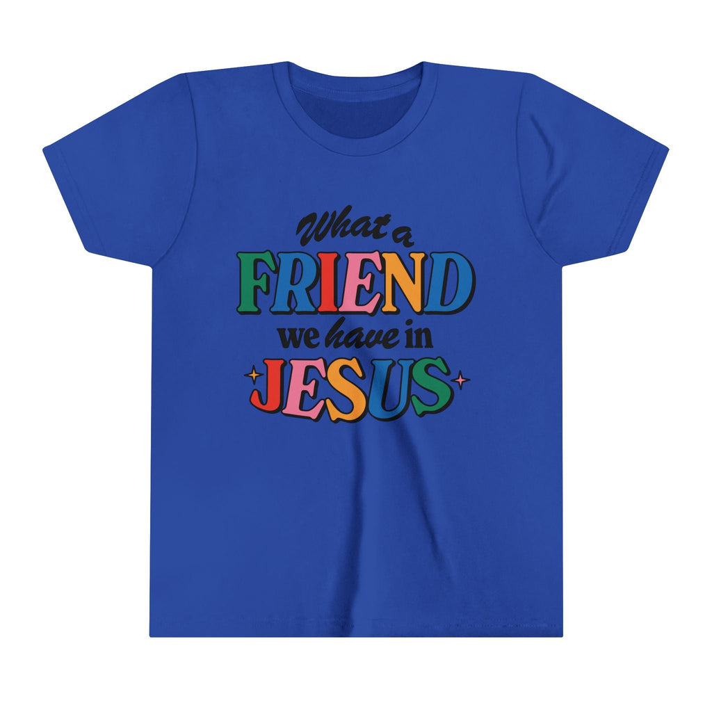 Blue kids’ t-shirt with vibrant Jesus friendship text, perfect for active kids and Christian gifts