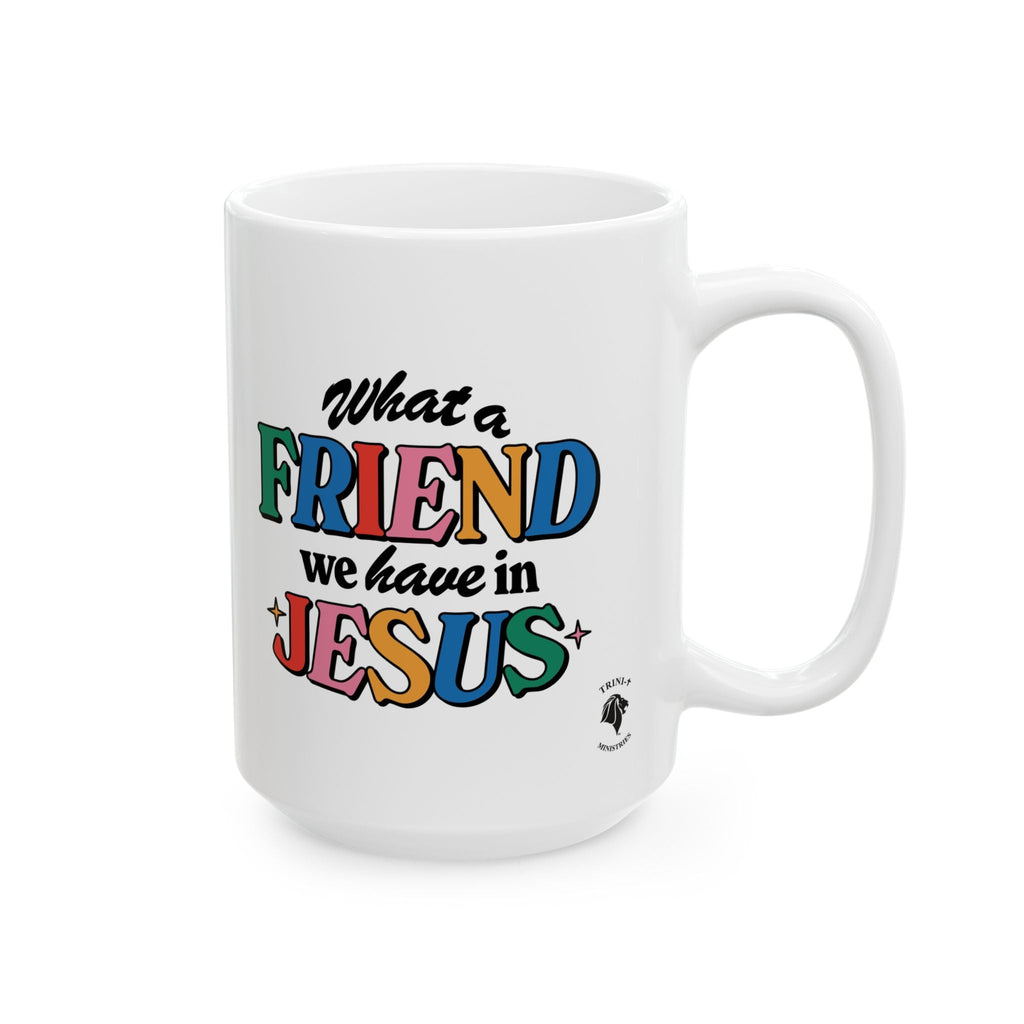 White ceramic mug featuring a colorful Christian design about Jesus as the greatest friend